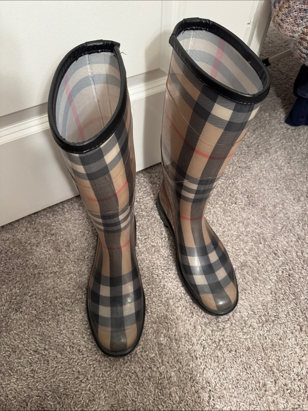 Burberry Beige Black Plaid Rain Boots